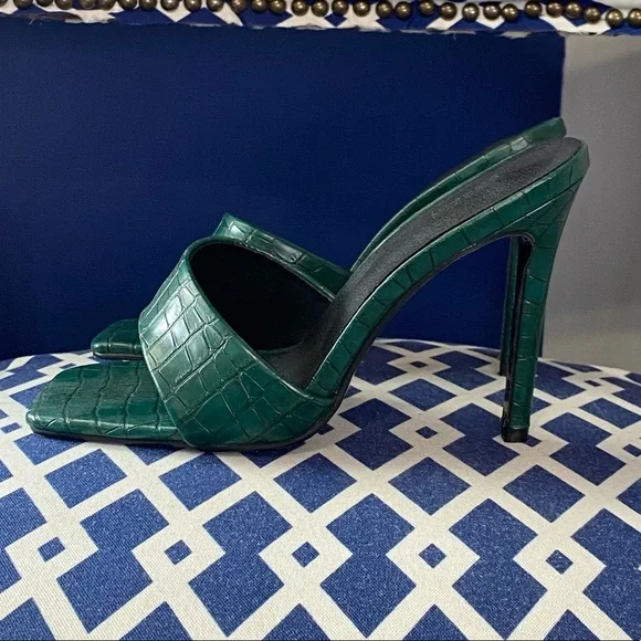 Dark green croc embossed print square toe high heel mule sandals sz 10 - Picture 5 of 7